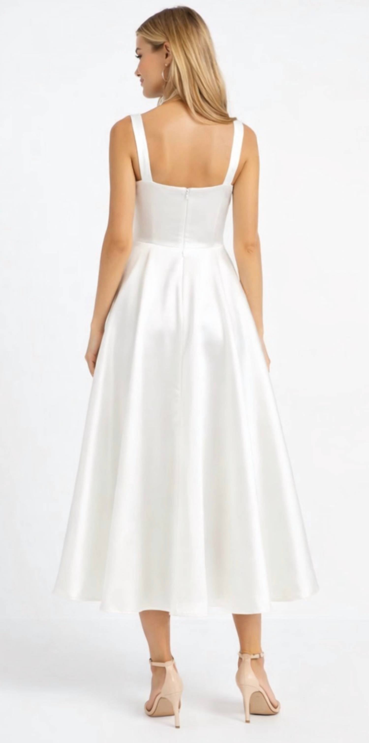 MAC DUGGAL Satin Tea Length A-line Dress in white - women's dress - alternate view