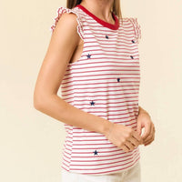 Doe And Rae - Ruffle Star Embroidered Stripe Tank Top