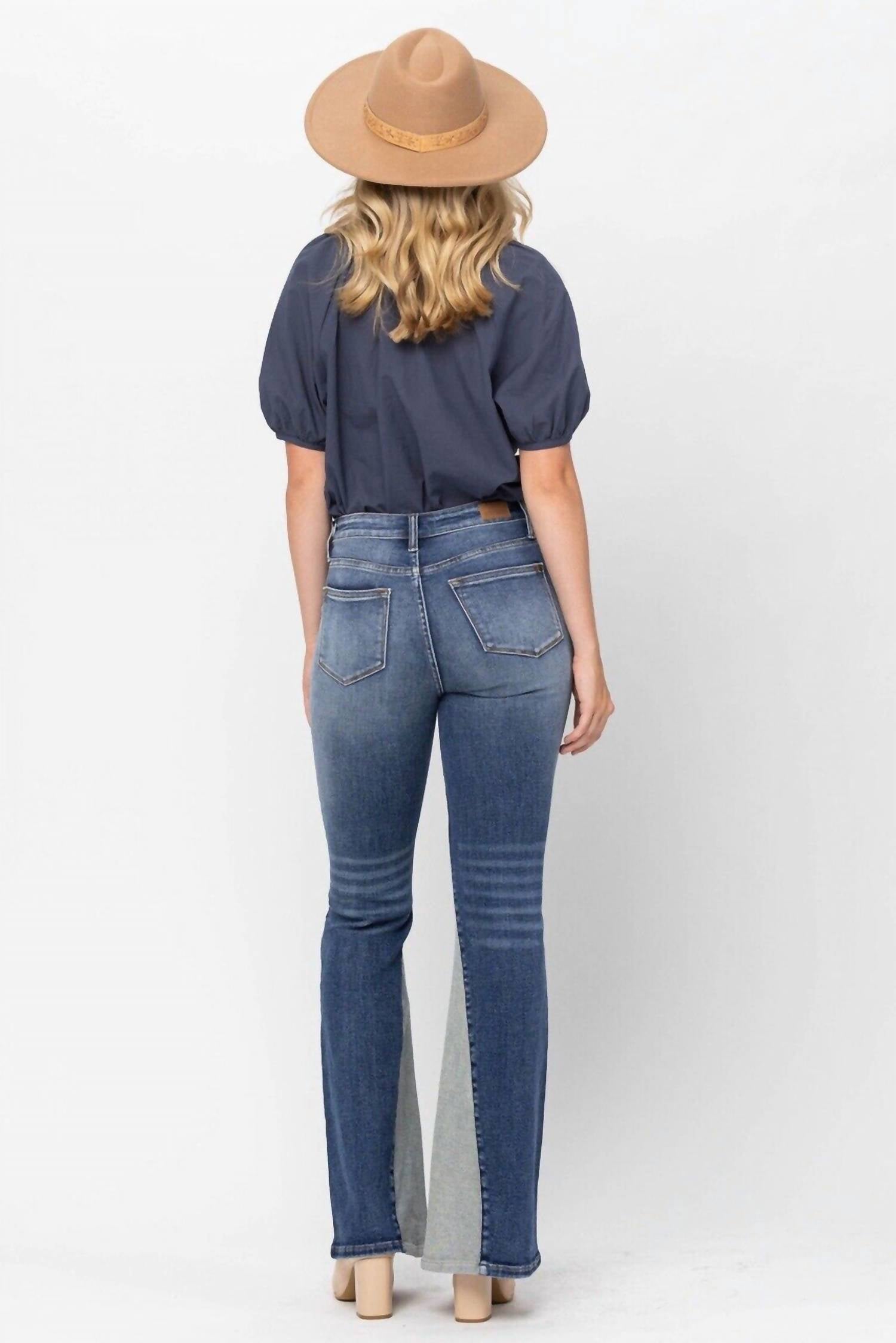 Judy Blue Mid Rise Inseam Panel Flare Jeans in blue - women's jeans - alternate view