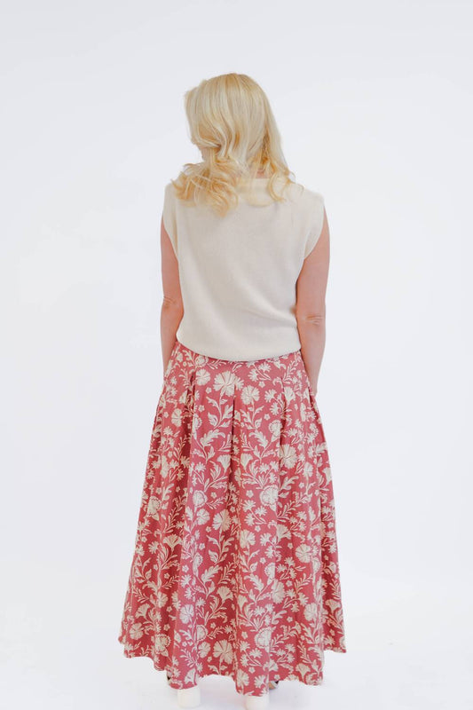 Tcec - Floral Print Pleated Detail A-line Midi Skirt