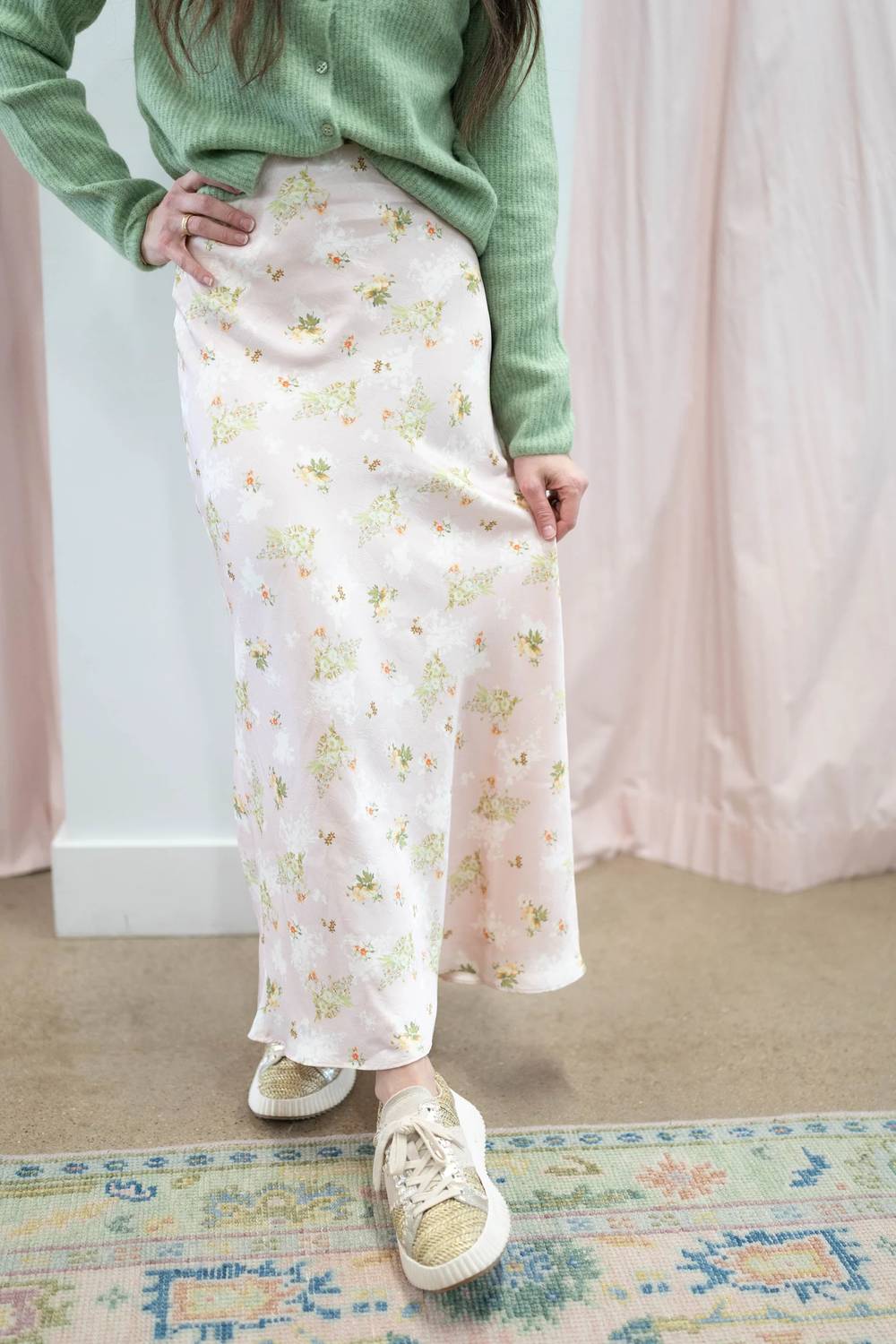 Storia - Floral Satin Midi Skirt