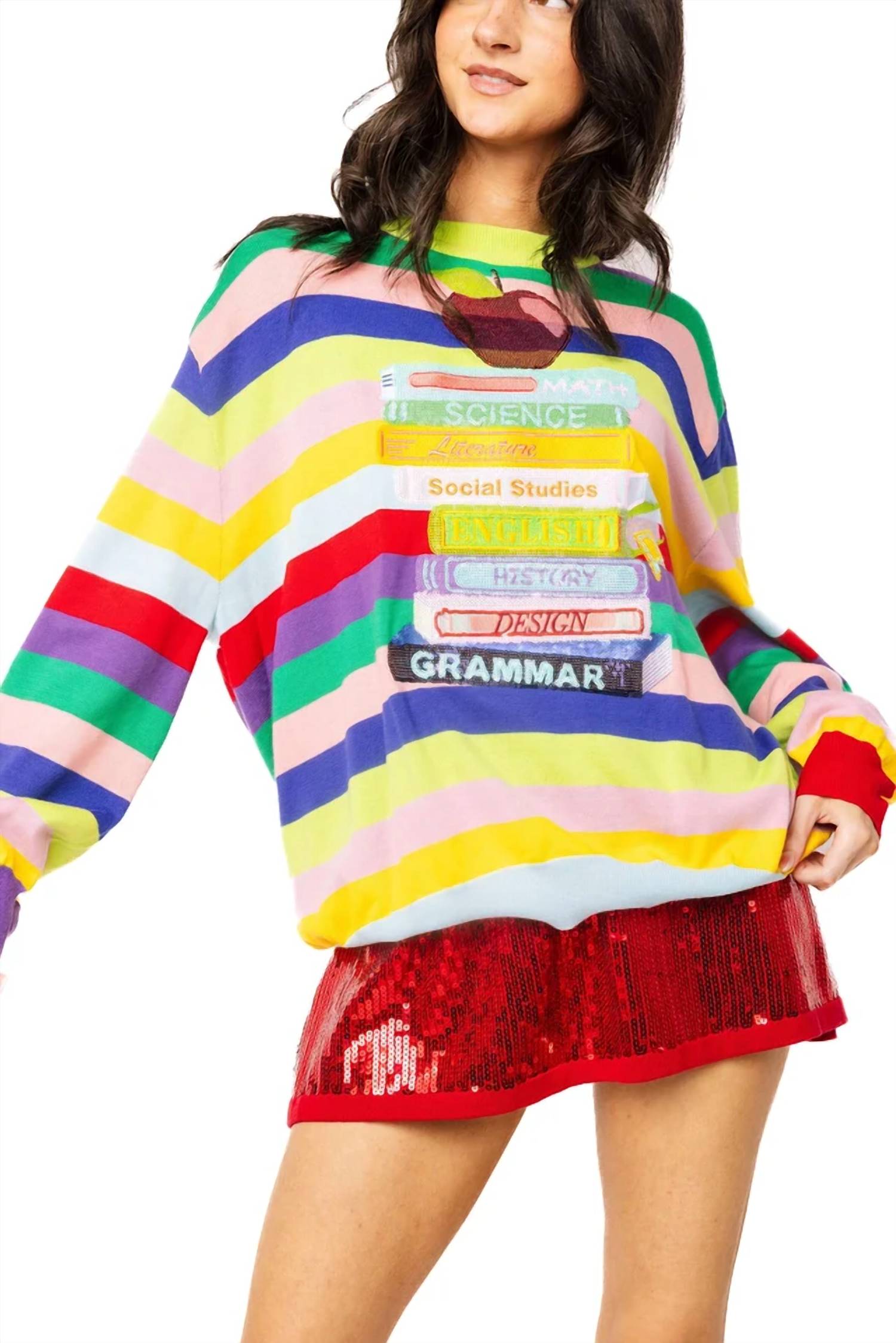 Queen Of Sparkles - Stripe School Books And Apple Sweater