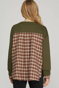 She + Sky - Long Sleeve Sweatshirt With Contrast Plaid Top