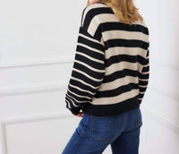 Karen Kane Stripe Polo Sweater in black with ecru - women's sweater - view 6