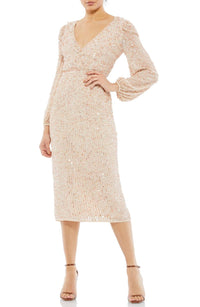 Mac Duggal - Sequin Long Sleeve Cocktail Midi Dress