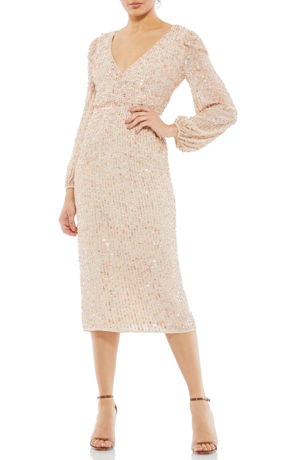 Mac Duggal - Sequin Long Sleeve Cocktail Midi Dress