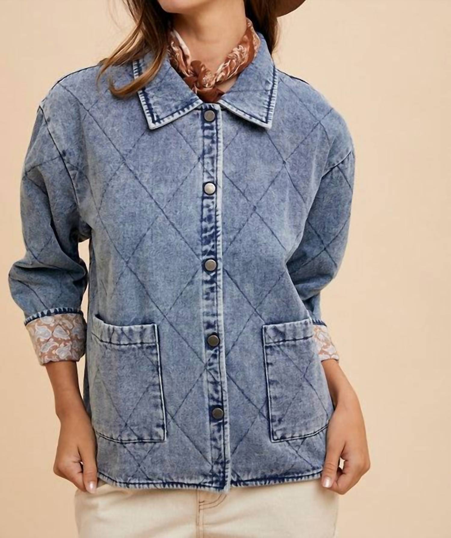 AnnieWear Contrast Lining Quilted Denim Jacket in blue - women's jacket