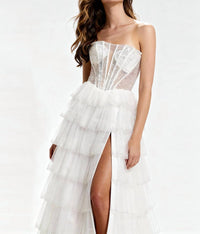 JOVANI Strapless Tiered Maxi Dress With Sequin Corset Bodice in off white - women's dress