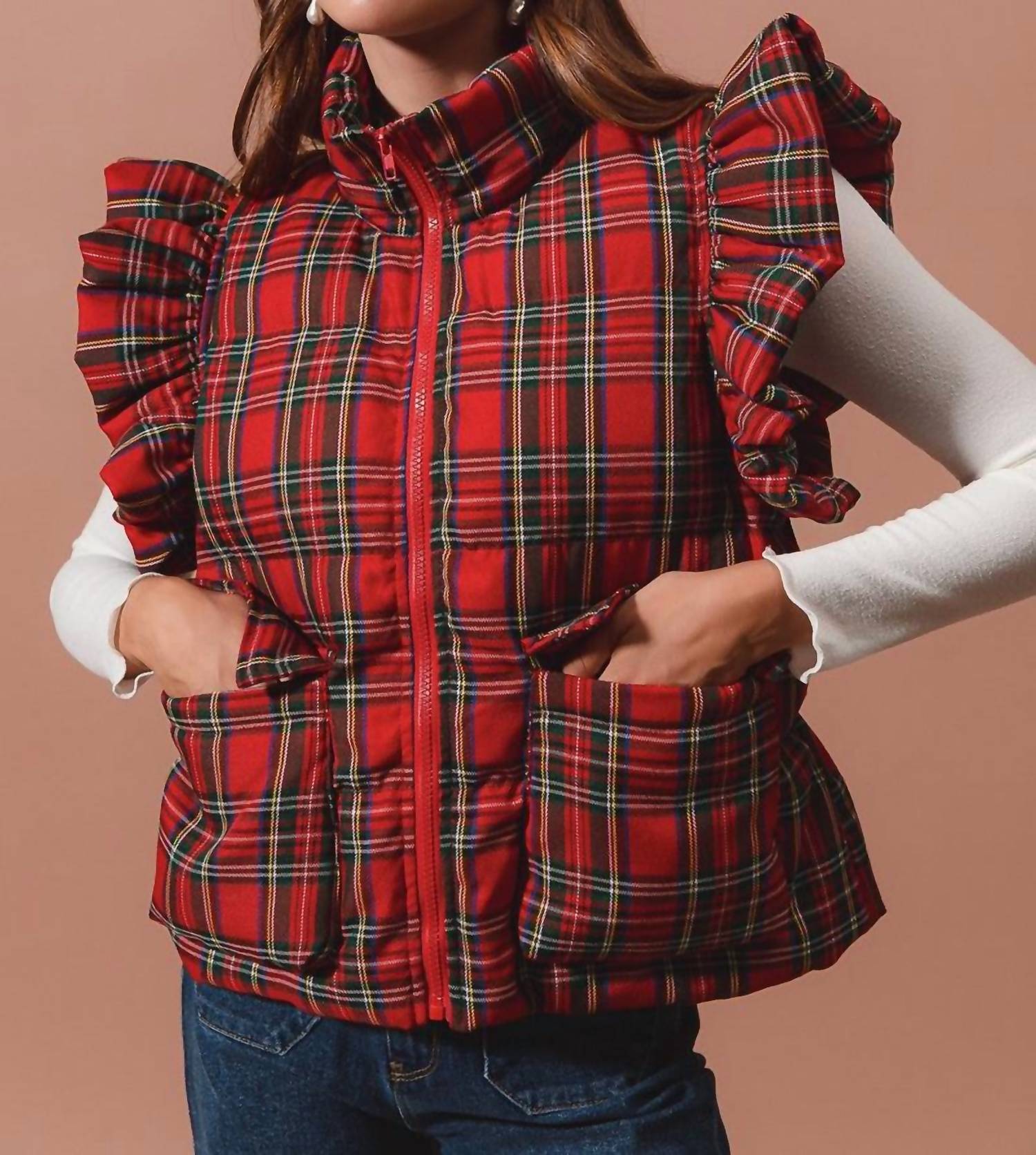 So Me - Ruffle Plaid Puffer Vest