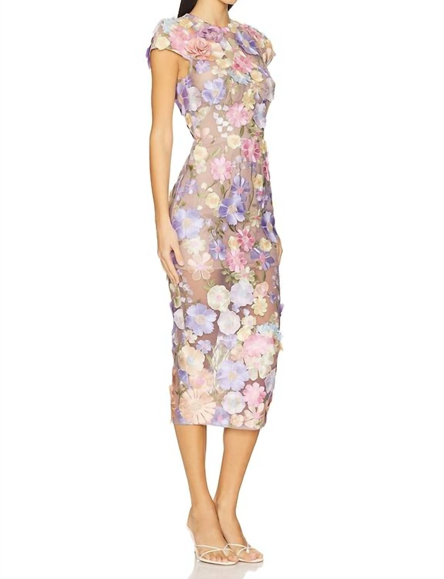 Bronx and Banco Jasmine Cap Sleeve Midi Dress in pastel multi - women's dress - detail view