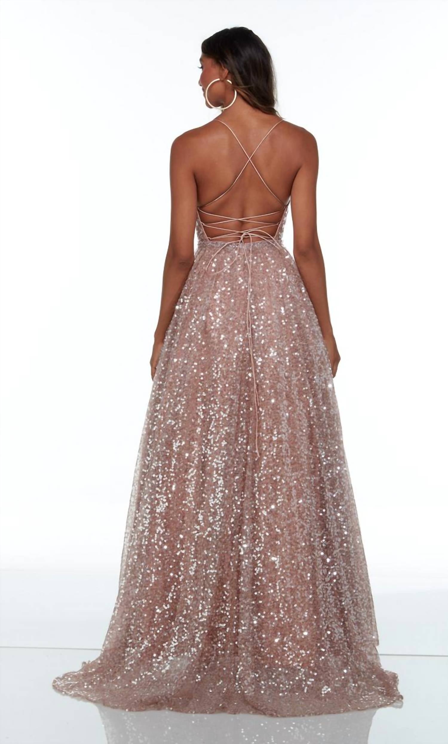 ALYCE PARIS Sparkling Sequined Ball Gown in rose gold - women's dress - detail view
