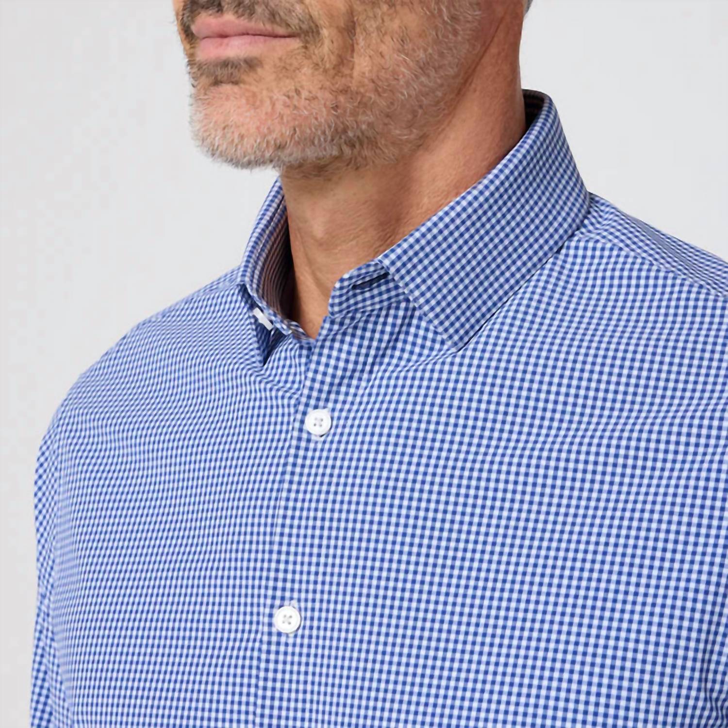 Mizzen + Main Leeward Trim Fit Long Sleeve Dress Shirt in cobalt ian gingham - men's shirt - detail view