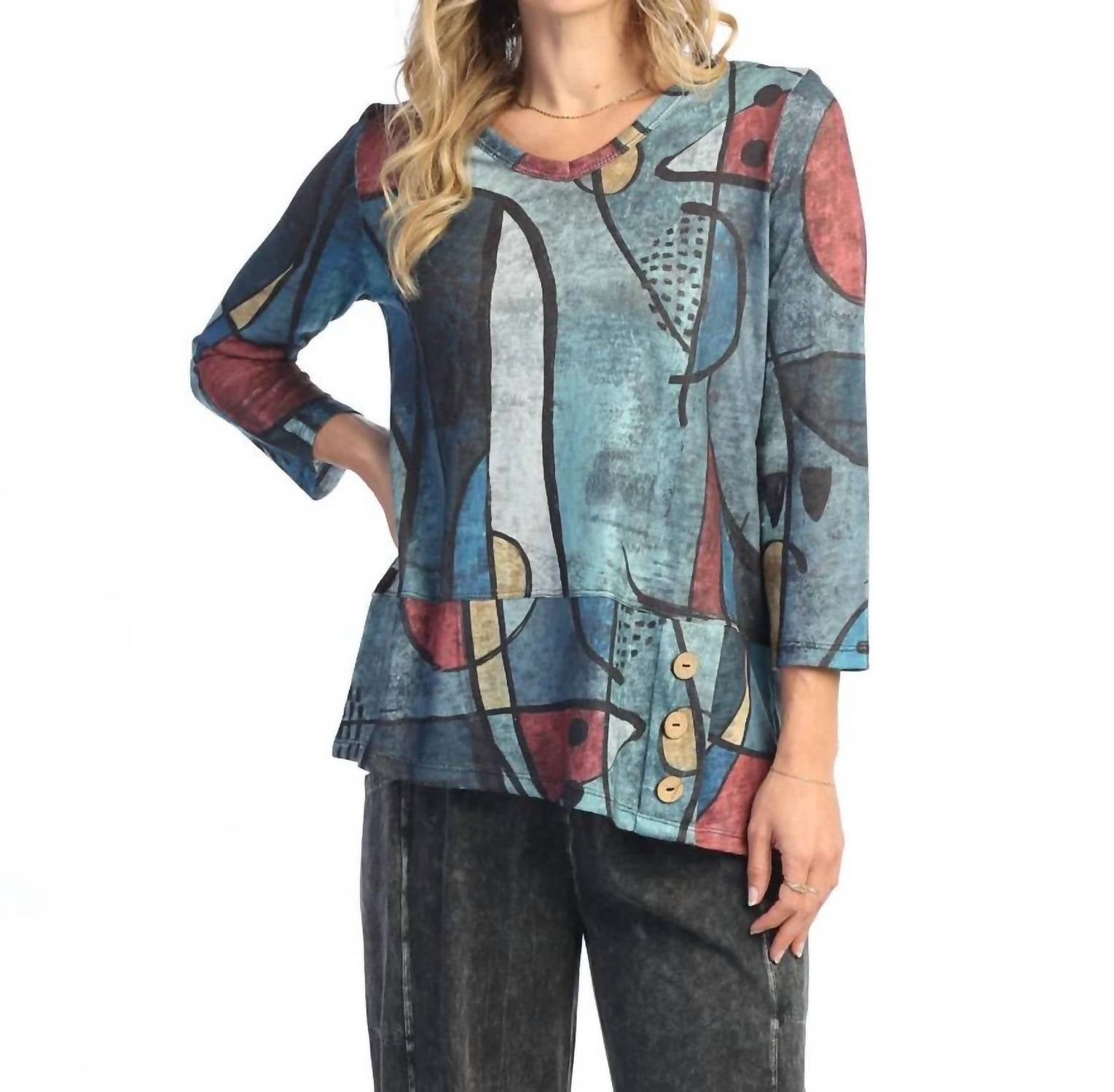 Jess & Jane Granada Light Knit Asymmetric Hem Top in blue - women's blouse