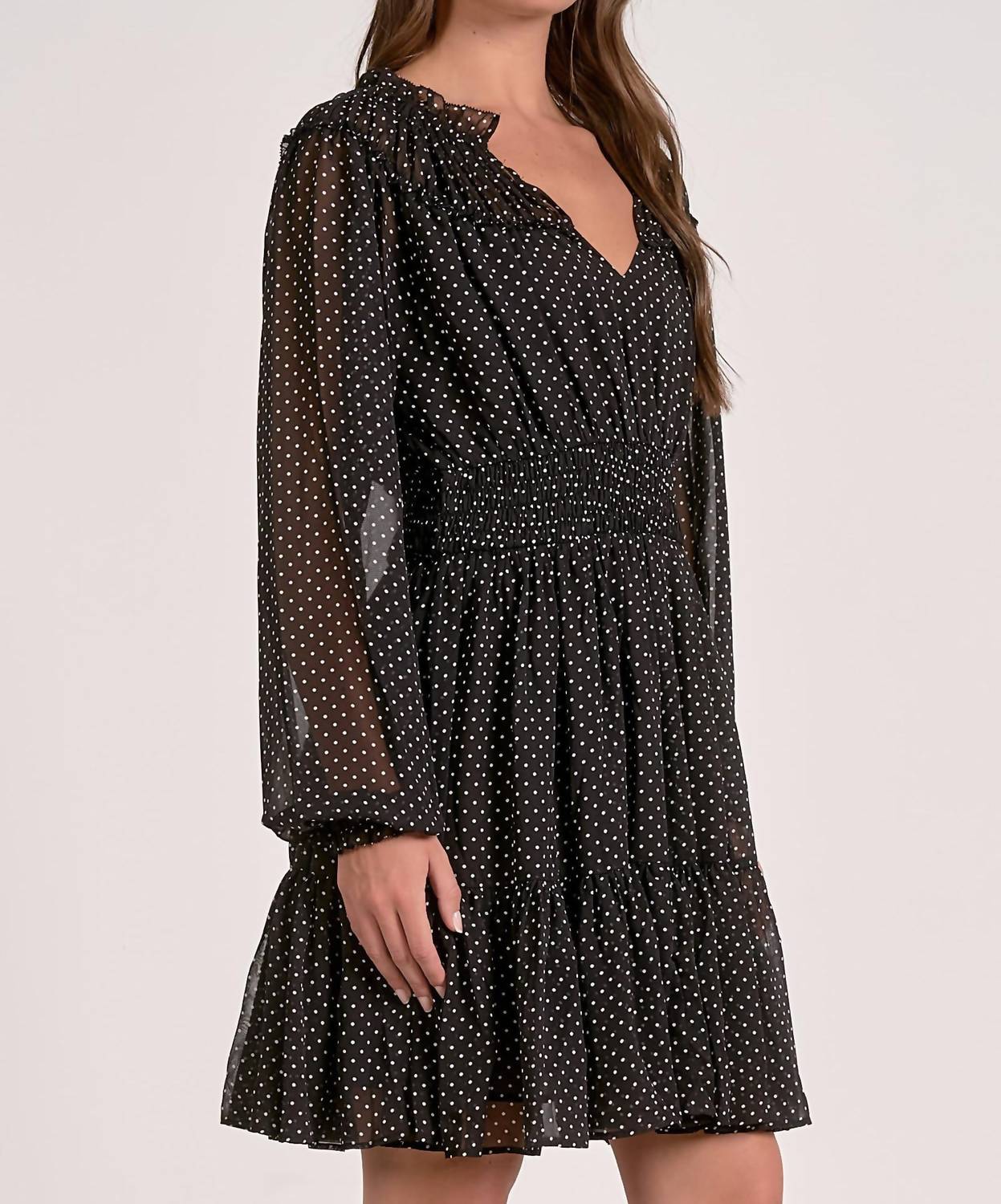 ELAN Long Sleeve Gathered Neck Mini Dress in black polka dot - women's dress - alternate view