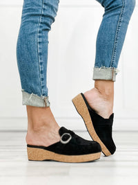 Corkys Footwear Women's All Get Out Wedge & Clog Style Shoes in black faux suede - women's shoe - detail view