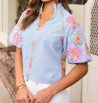 Thml - Puff Sleeve Embroidery Stripe Top