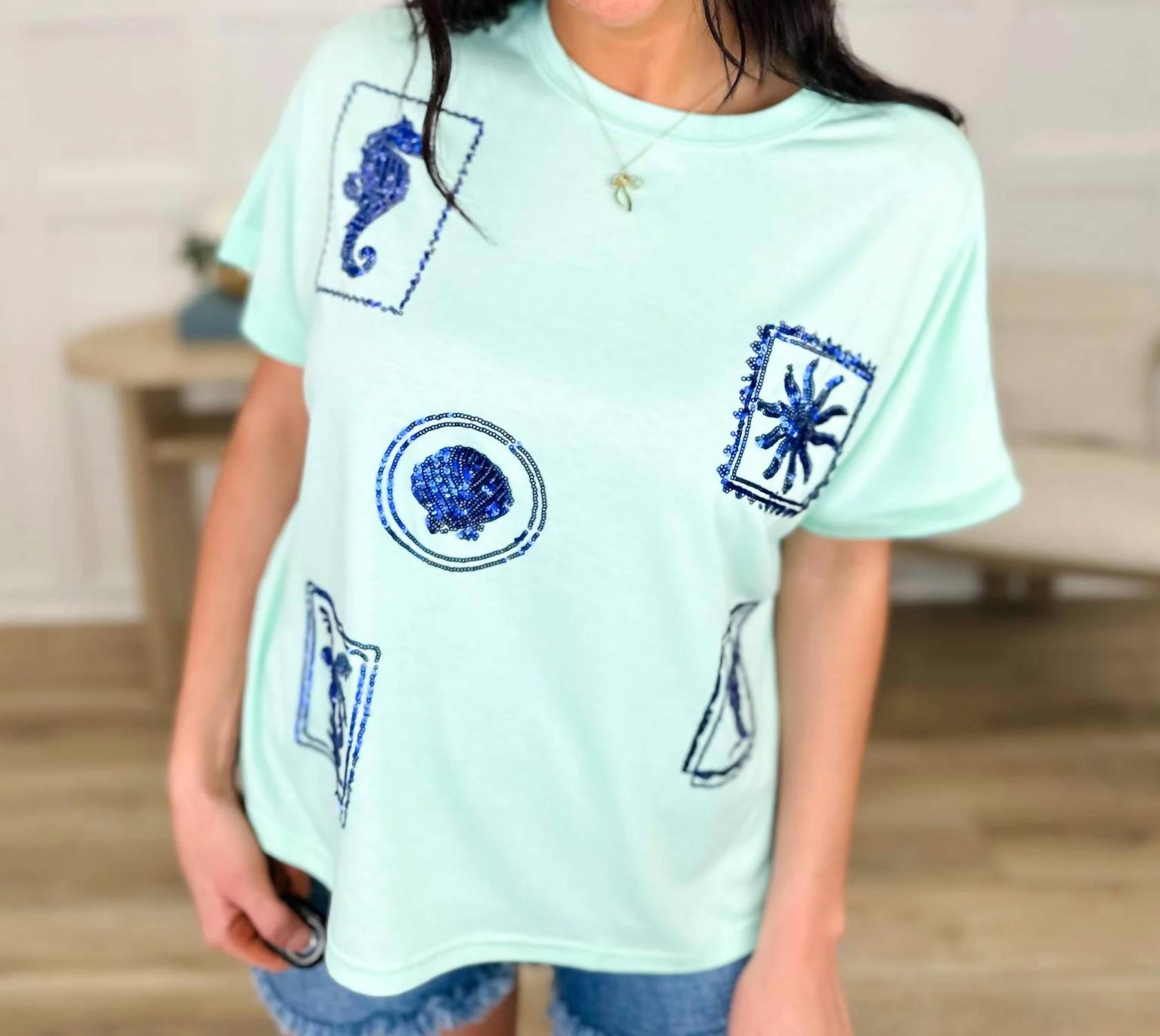 Jess Lea - Stamped By The Sea Sequin Short Sleeve Top
