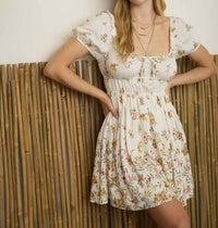Blu Pepper - Gradient Floral Front Tie Puff Sleeve Dress