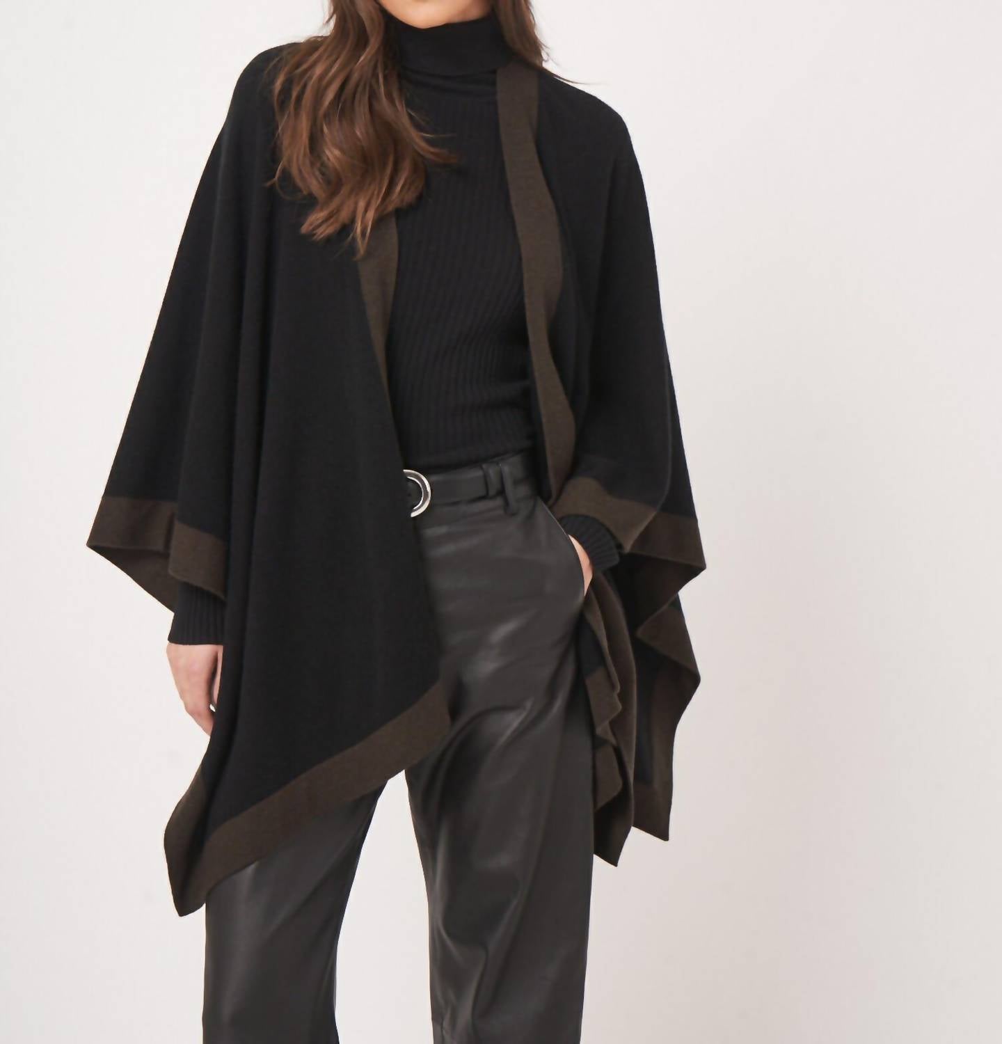 REPEAT cashmere Cashmere Blend Poncho With Contrast Border in black brown - women's sweater - view 7