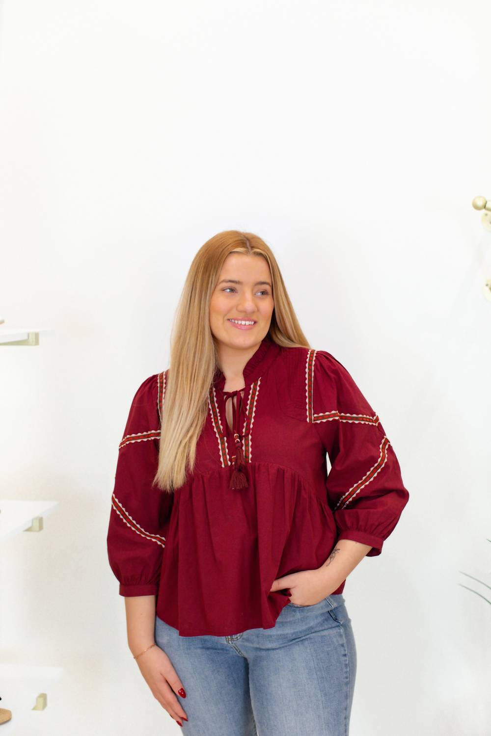 &merci Embroidered Trim Babydoll Blouse in burgundy - women's blouse