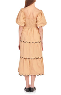 English Factory - Puff Sleeve Scallop Trim Cotton Midi Dress