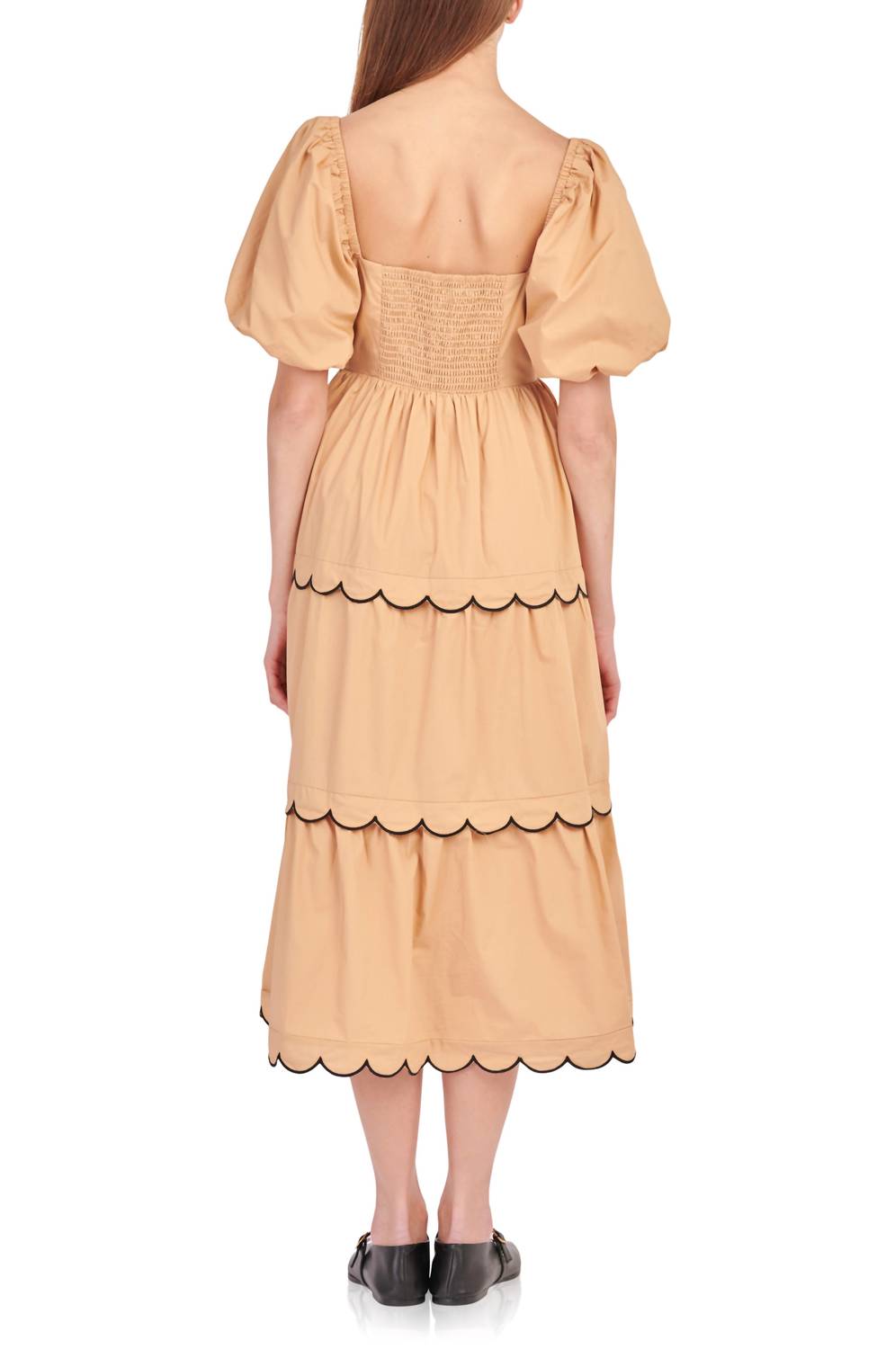 English Factory - Puff Sleeve Scallop Trim Cotton Midi Dress