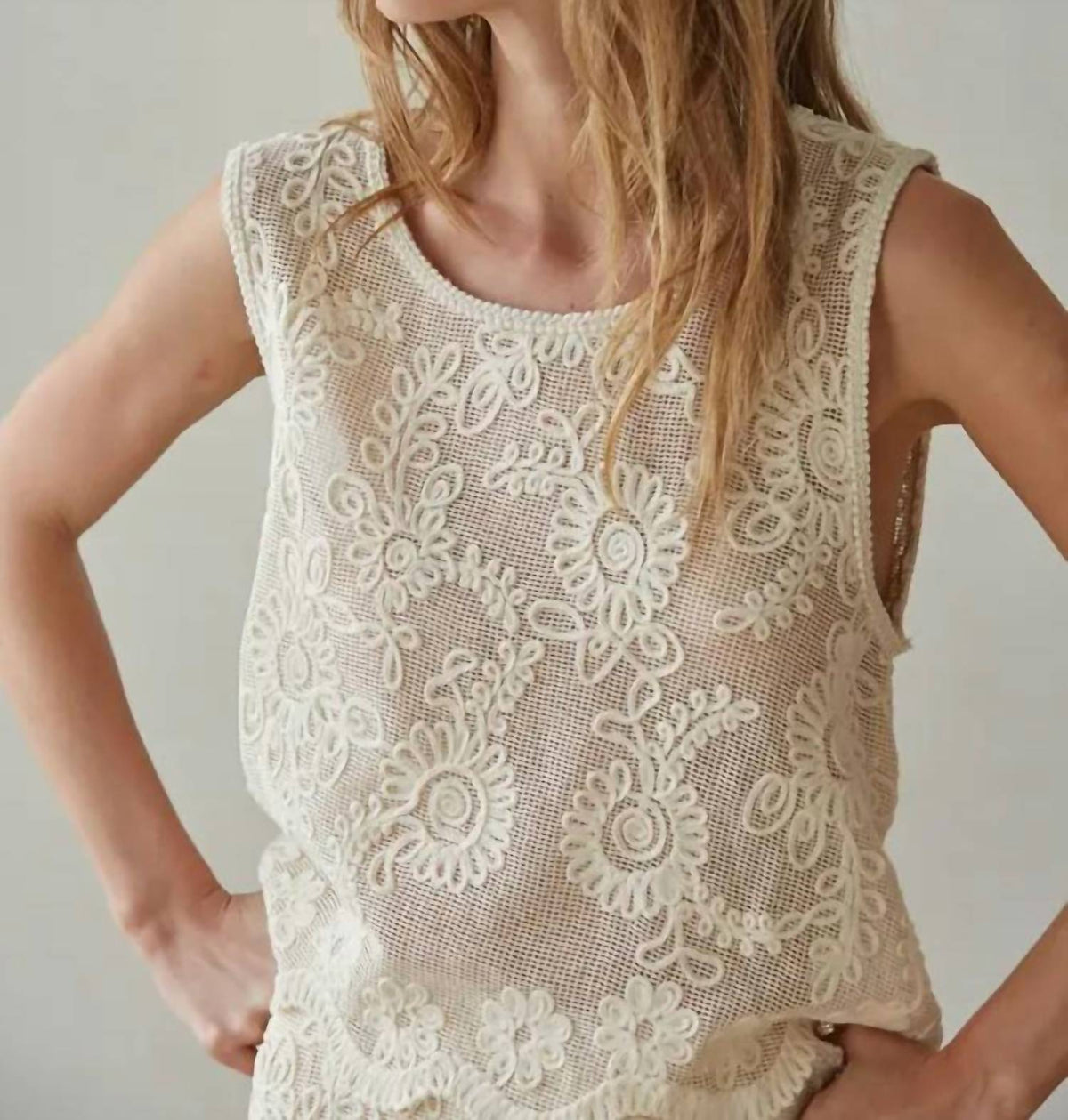 By Together - Woven Cotton Floral Lace Work Sleeveless Top