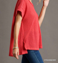 umgee Waffle Boxy Cut Short Sleeve Top in strawberry - women's blouse - alternate view