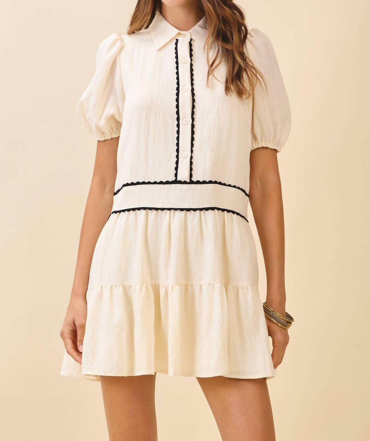 TCEC Scalloped Trimmed Button Placket Baby Doll Dress in natural - women's dress