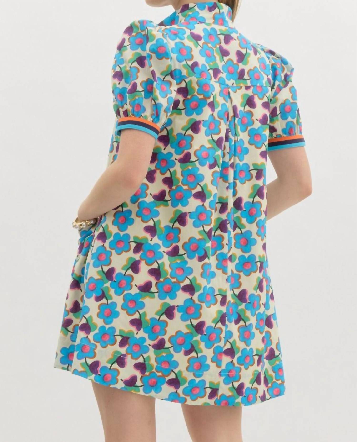 Entro - Floral Puff Sleeve Mini Dress With Contrast Trim And Pockets