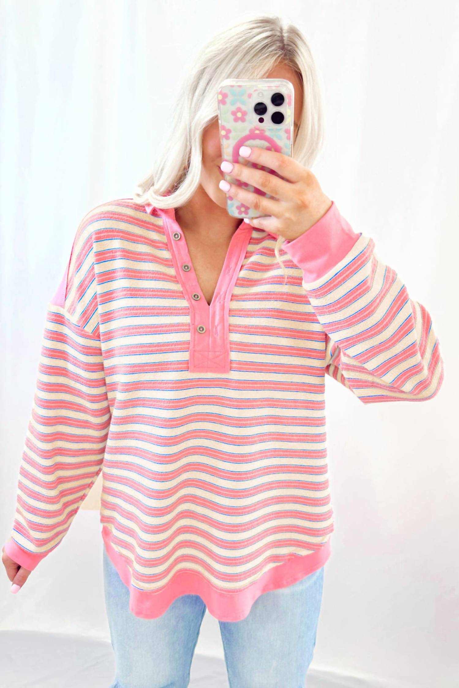 Shewin - Collared V Neck Drop Shoulder Top