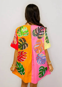 Queen Of Sparkles - Colorblock Cotton Palm Leaf Short Sleeve Dress
