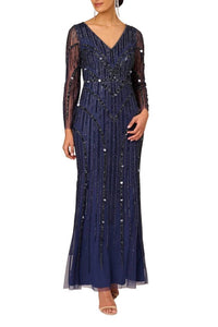 Aidan Mattox - V-neck Illusion Long Sleeve Mesh Dress