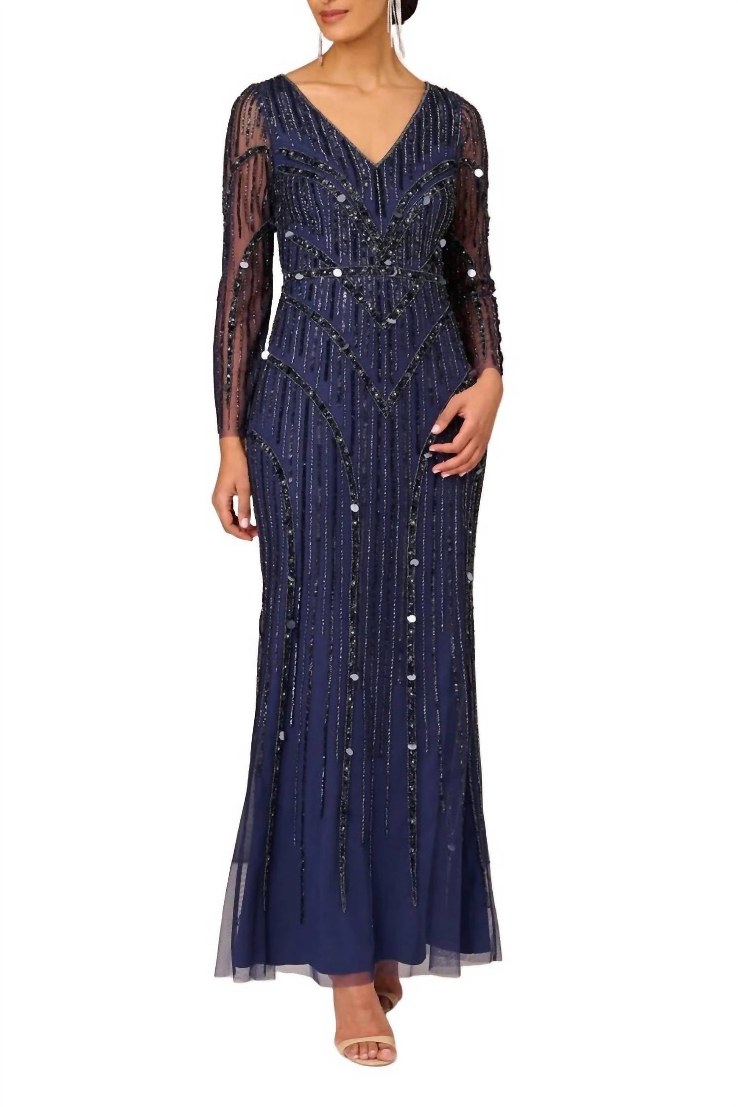 Aidan Mattox - V-neck Illusion Long Sleeve Mesh Dress
