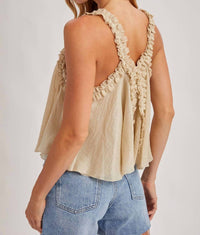 Bluivy - Gathered Strap Raw-edge V-neck Flowy Top