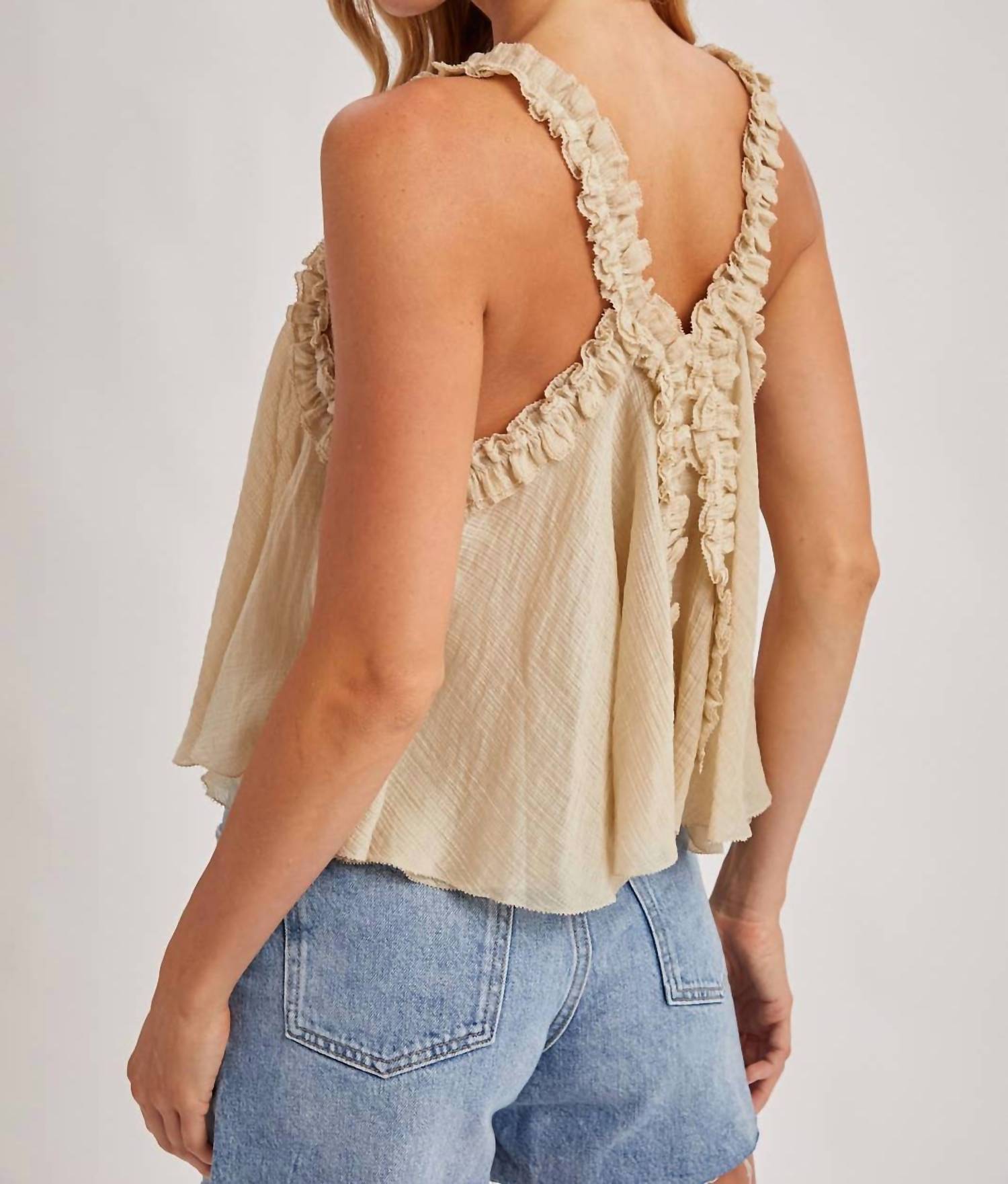 Bluivy - Gathered Strap Raw-edge V-neck Flowy Top