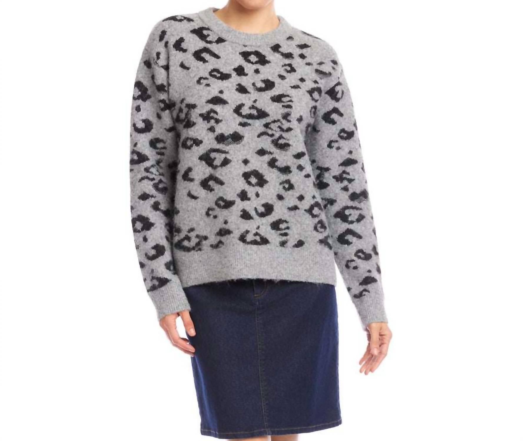Karen Kane Metallic Animal Print Crewneck Sweater in gray with black - women's sweater
