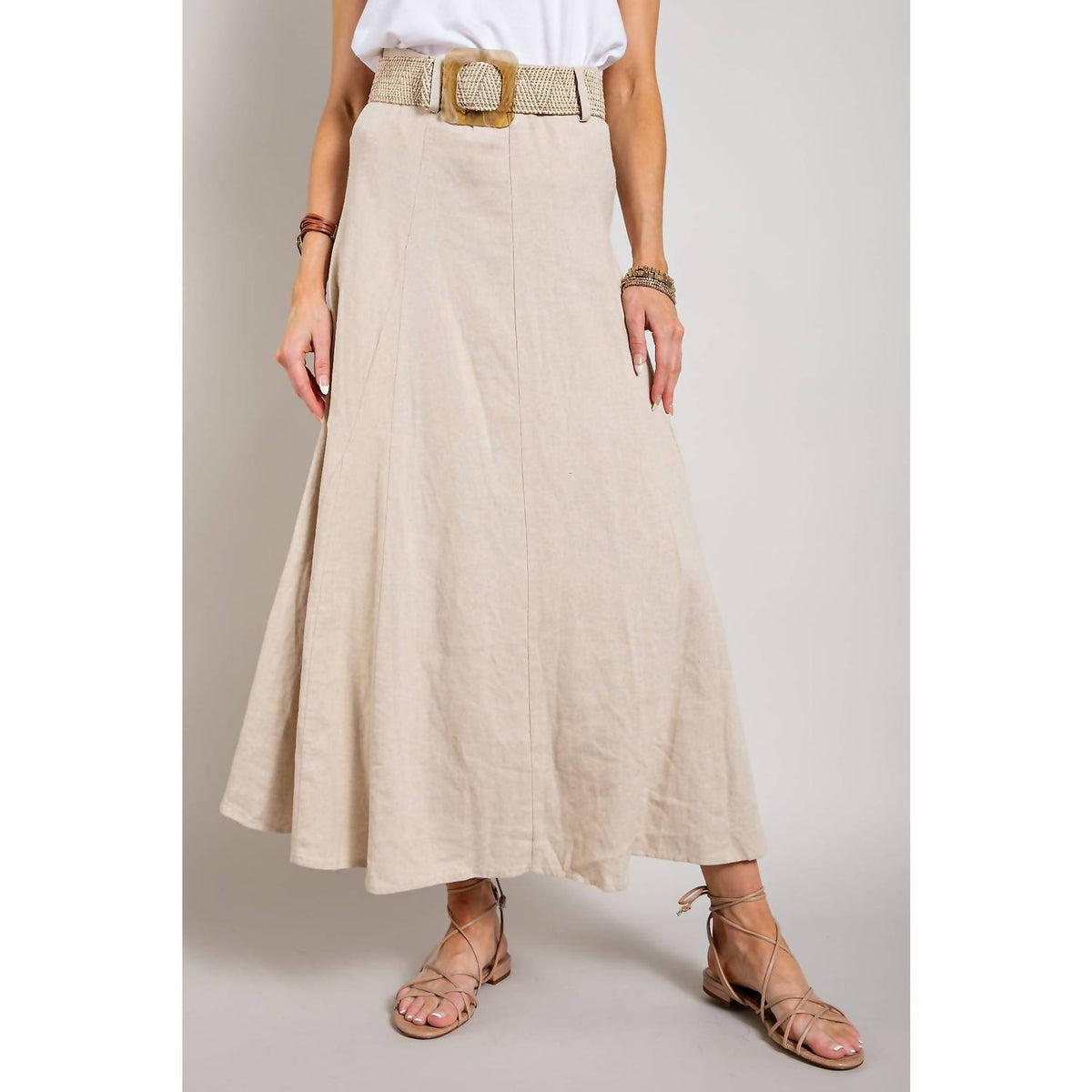 Sweet Generis - Linen Maxi Flare Skirt With Trim Belt