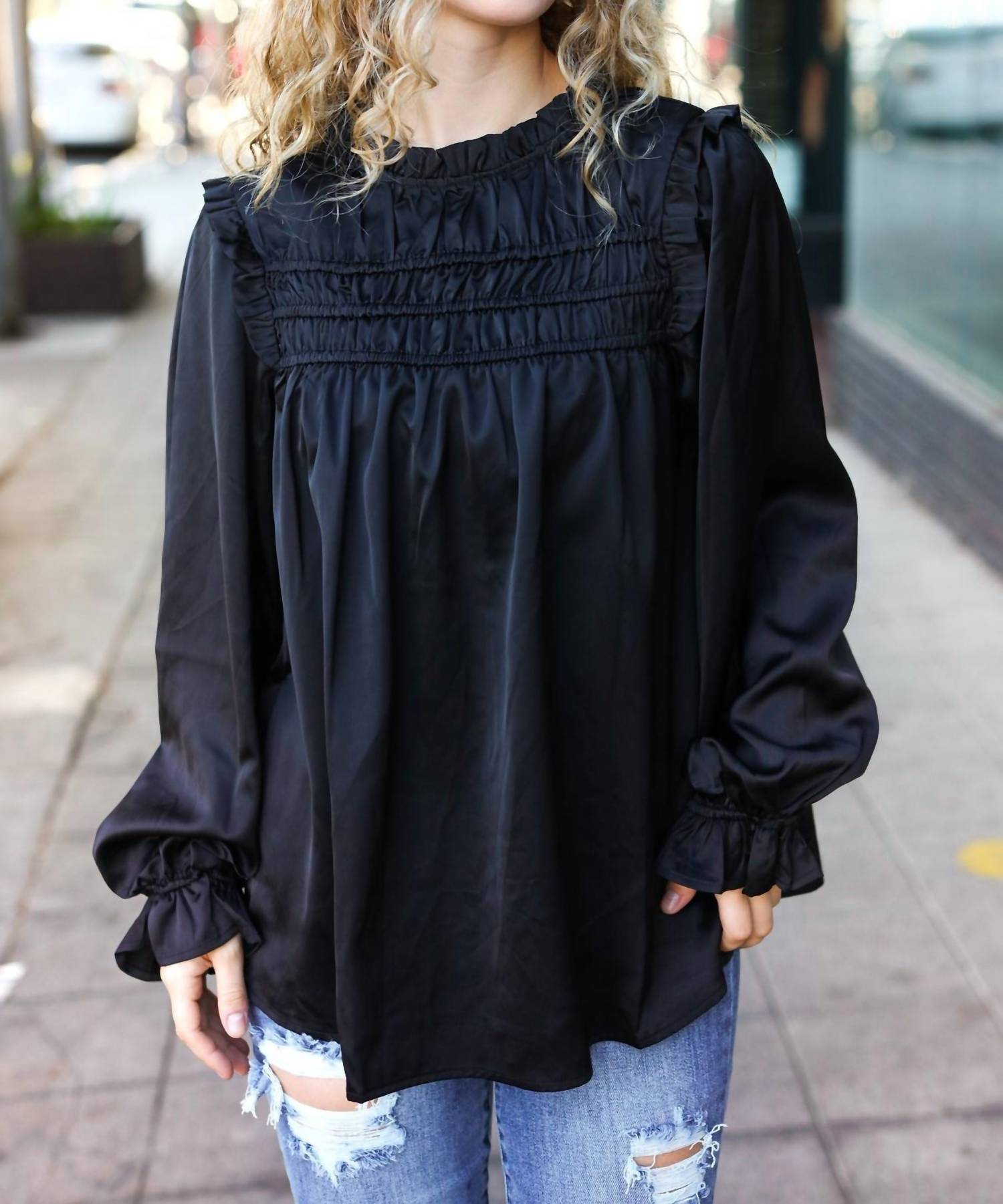 Haptics - Mock Neck Satin Long Sleeve Blouse