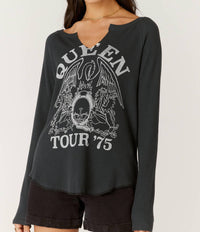 DAYDREAMER Queen Crest Notch Neck Thermal Tee in vintage black - women's long sleeve top