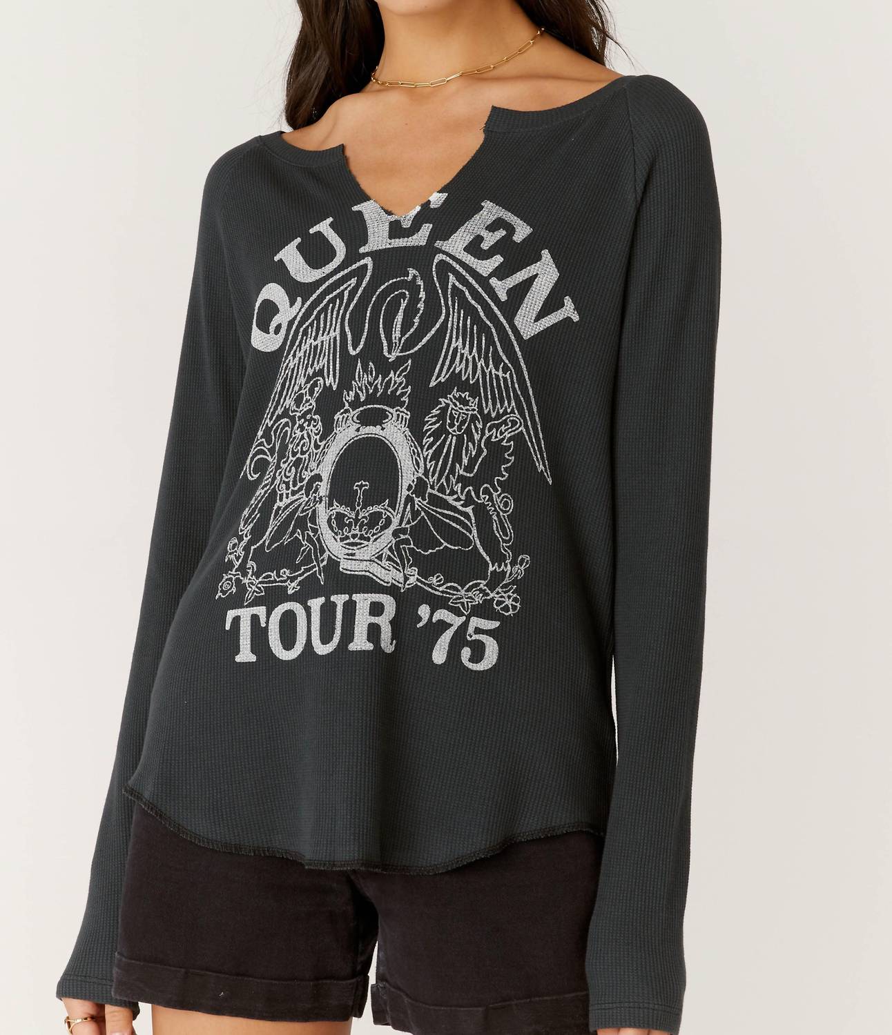 DAYDREAMER Queen Crest Notch Neck Thermal Tee in vintage black - women's long sleeve top