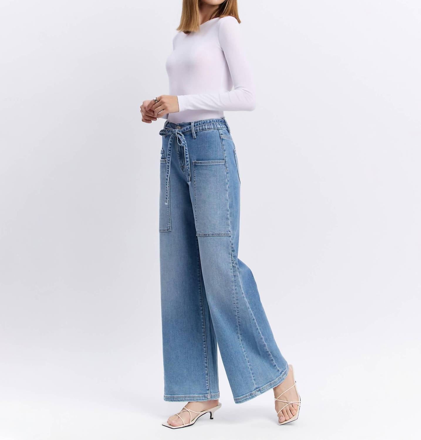 Flying Monkey - Carmen High Rise Elastic Tie Waistband Baggy Wide Jeans
