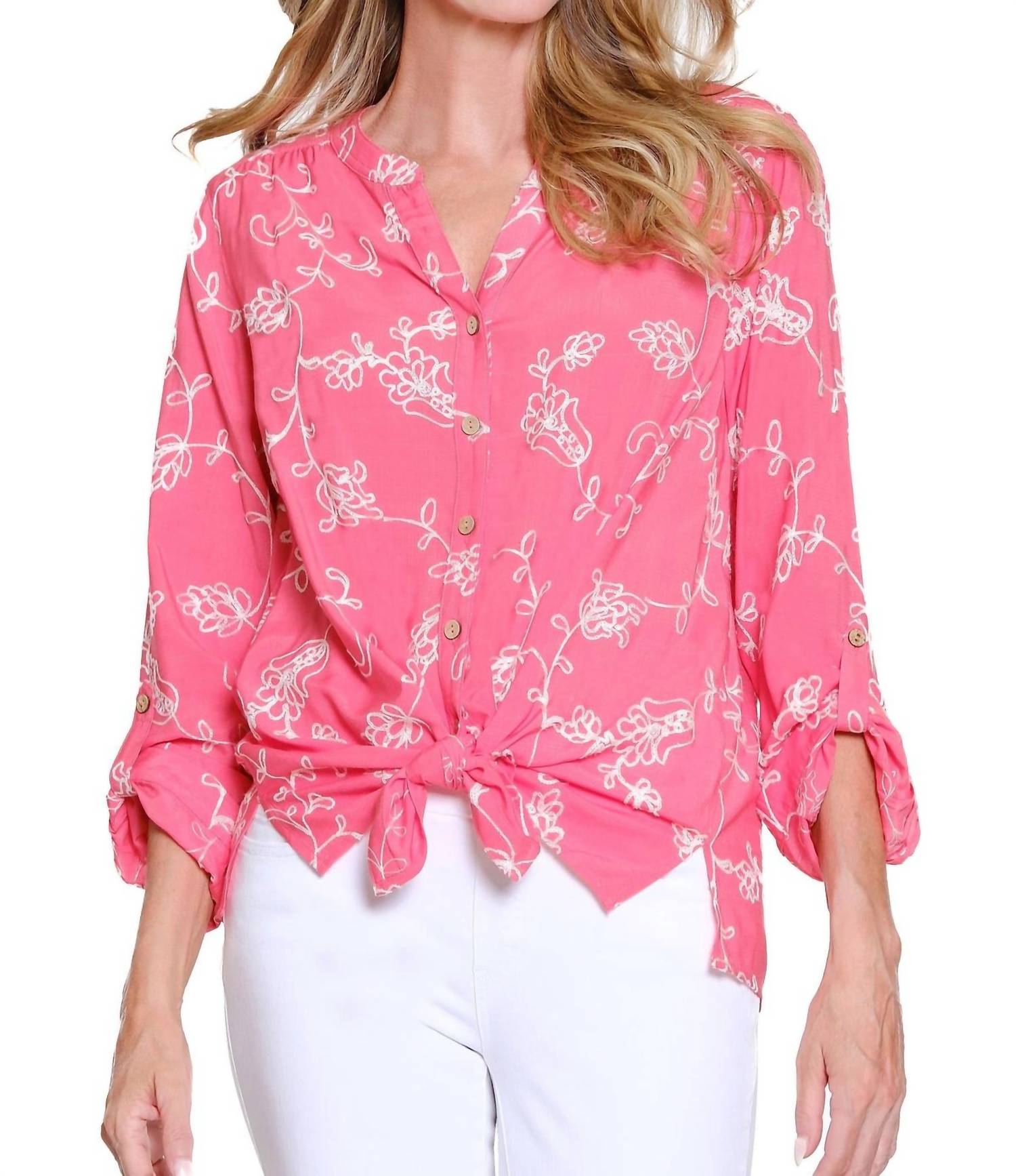 Multiples Petals Tie-front Blouse in coral pink - women's blouse