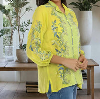 Johnny Was Eleana Embroidered Blouse in chartreuse - women's blouse - alternate view