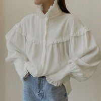 Hiddenbrand - French Lapel Lantern Sleeve Lace Design Shirt