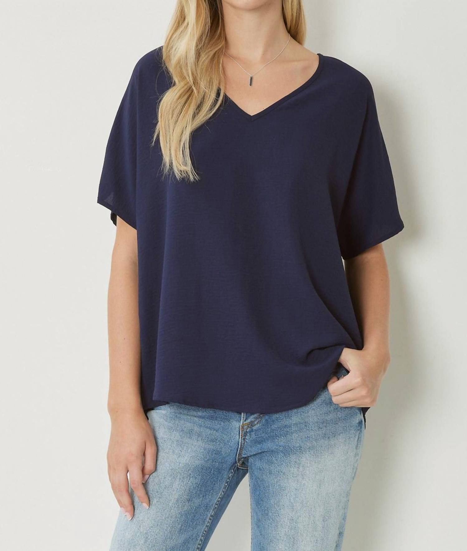 entro Solid V-neck Top in navy - women's blouse