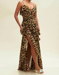 LUXXEL Hits The Spot Ruffle Maxi Dress in leopard - women's dress