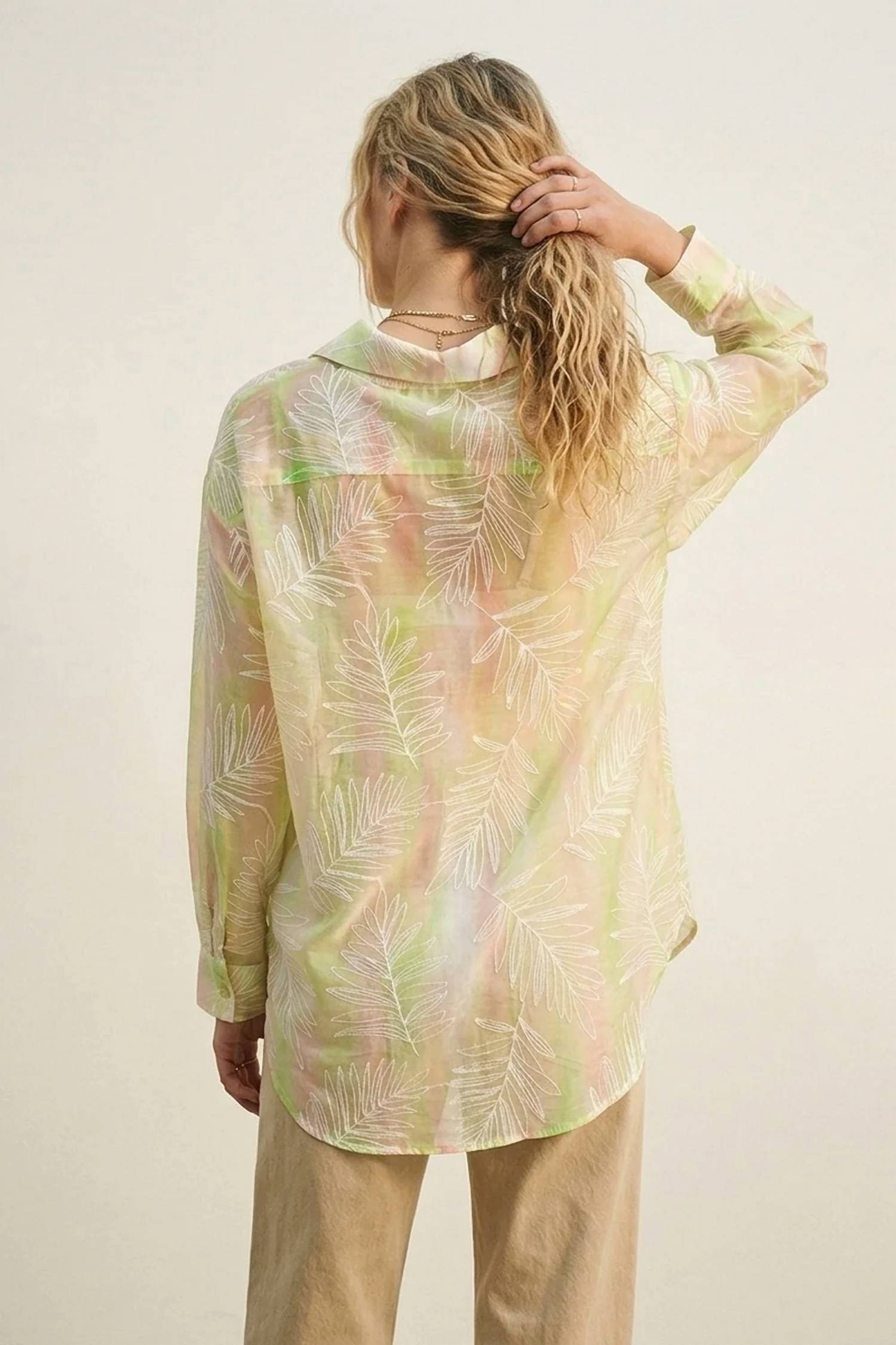 Q2 - Sheer Leaf Print Button Up Shirt