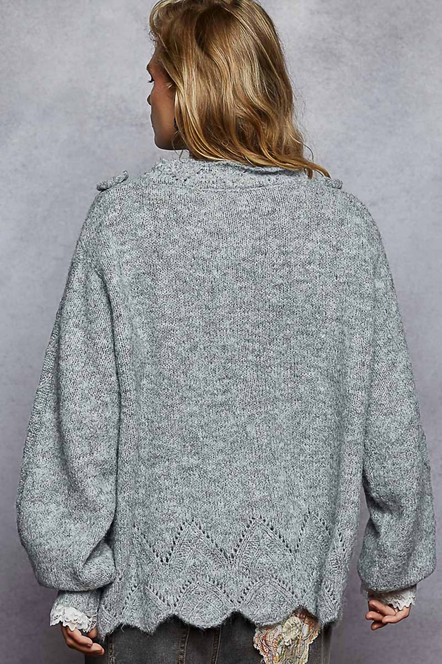 POL Scallop Hem Rose Appliqué Oversize Sweater in heather grey - women's sweater - alternate view