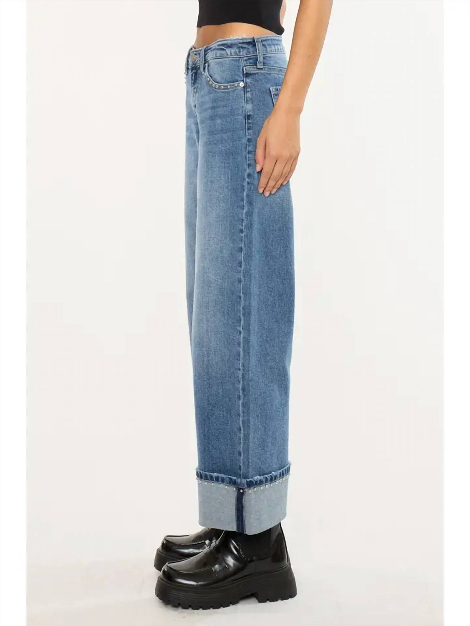 Kancan - Mid Rise Studded Wide Leg Jeans